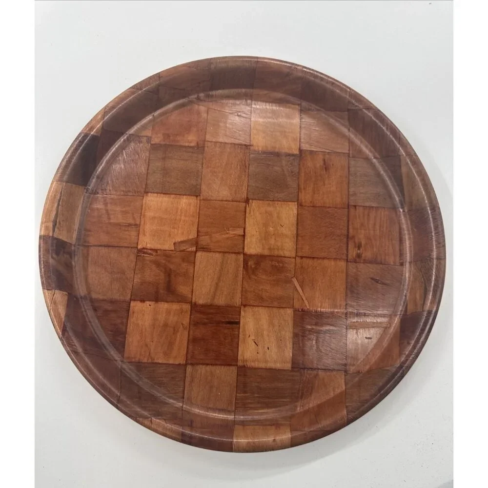 Vintage Parquet Weave Wood Round Serving Platters 2 Large 13” Woven Mid Century